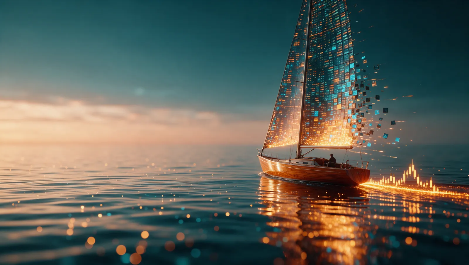 Sailboat with a data-mosaic sail at sunset
